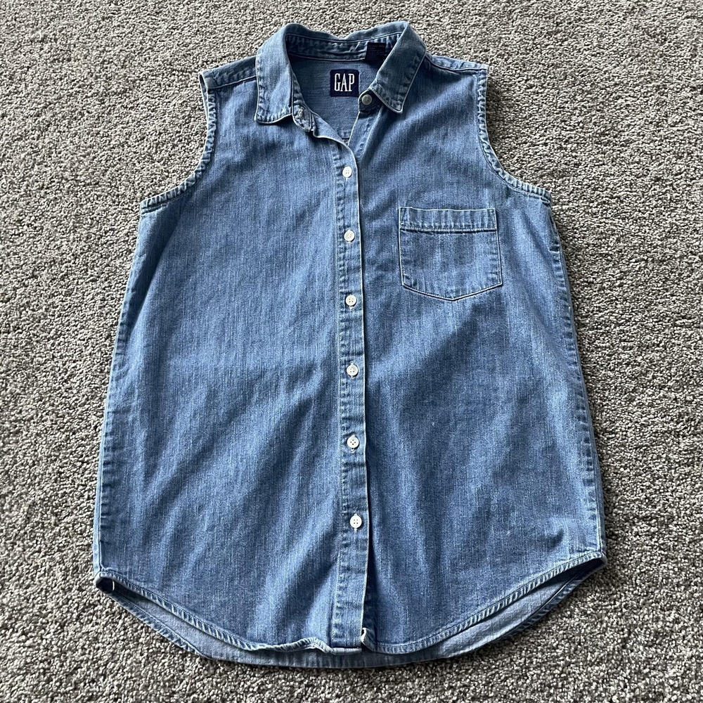 Vintage Gap Shirt Womens Small Blue Denim Sleeveless Button Up Top Casual Basic